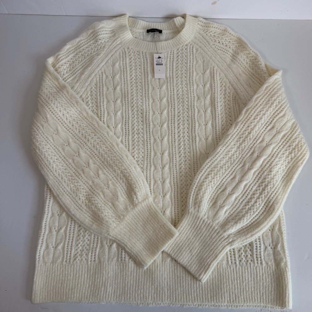 New Talbots L Ivory Cable Knit Sweater Fisherman Coastal Preppy NWT Cozy